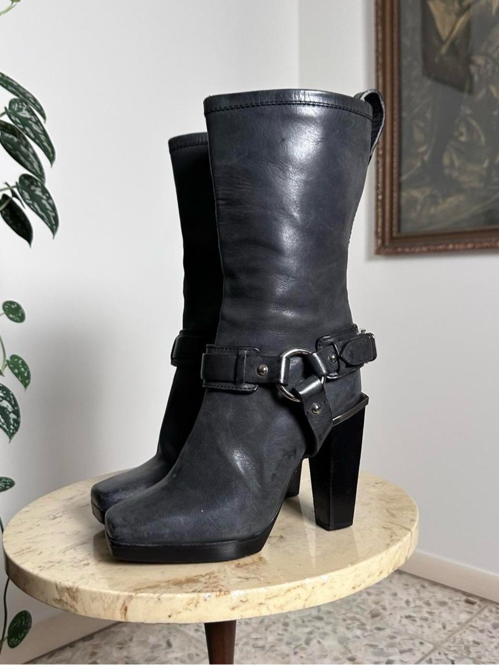 Vintage brown leather knee-high boots with buckle style harness Size 8